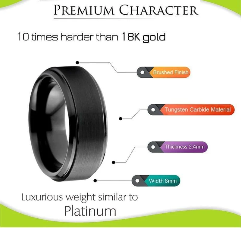 Herren Wolframkarbid Ring 8mm gebürstet matt Top schwarz plattiert Eheringe abgeschrägte Kanten Größe 5-15