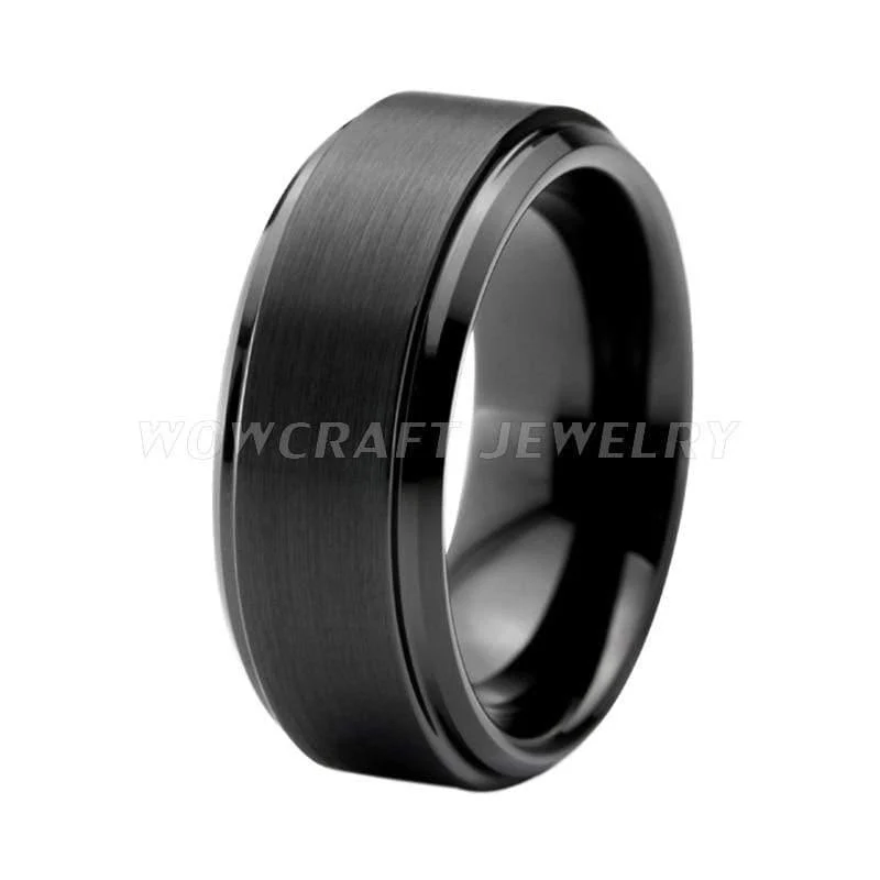 Herren Wolframkarbid Ring 8mm gebürstet matt Top schwarz plattiert Eheringe abgeschrägte Kanten Größe 5-15
