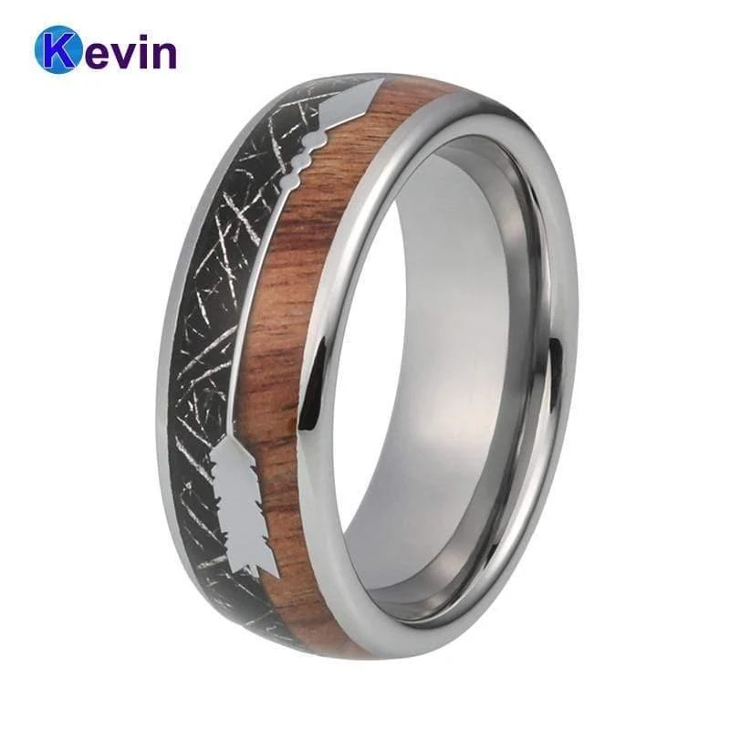 Ehering Mit Koa Holz Schwarzer Meteorit Und Pfeil Inlay Kuppel Band Komfort Fit Neuheiten