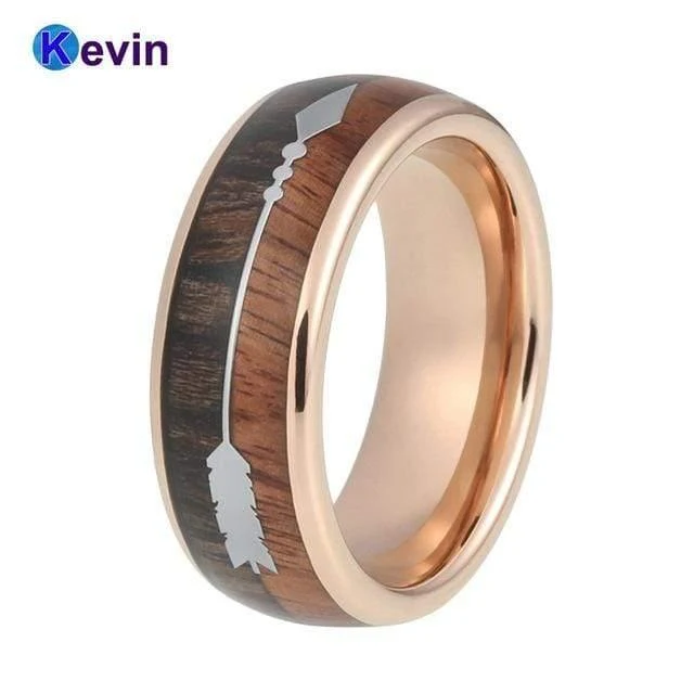 Ehering Mit Koa Holz Schwarzer Meteorit Und Pfeil Inlay Kuppel Band Komfort Fit Neuheiten