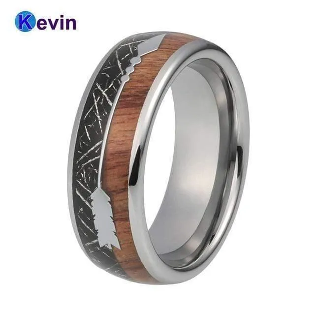 Ehering Mit Koa Holz Schwarzer Meteorit Und Pfeil Inlay Kuppel Band Komfort Fit Neuheiten