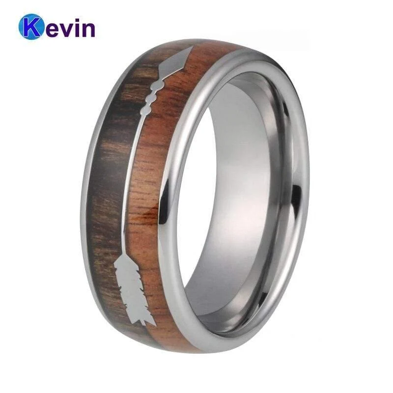 Ehering Mit Koa Holz Schwarzer Meteorit Und Pfeil Inlay Kuppel Band Komfort Fit Neuheiten