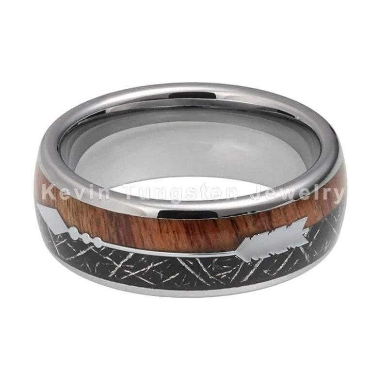 Ehering Mit Koa Holz Schwarzer Meteorit Und Pfeil Inlay Kuppel Band Komfort Fit Neuheiten