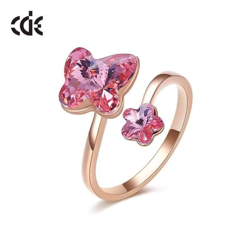 Goldringe, verziert mit Kristallen von Swarovski, verstellbarer Schmetterlingsring, Roségold-Einsatz, Schmuck, romantische Geschenke