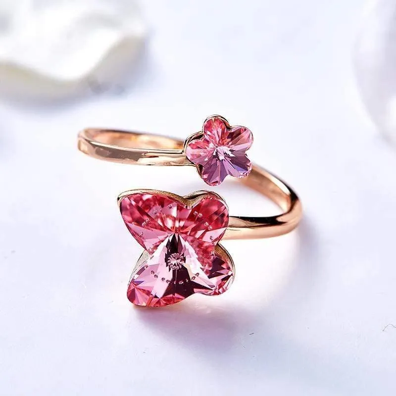 Goldringe, verziert mit Kristallen von Swarovski, verstellbarer Schmetterlingsring, Roségold-Einsatz, Schmuck, romantische Geschenke