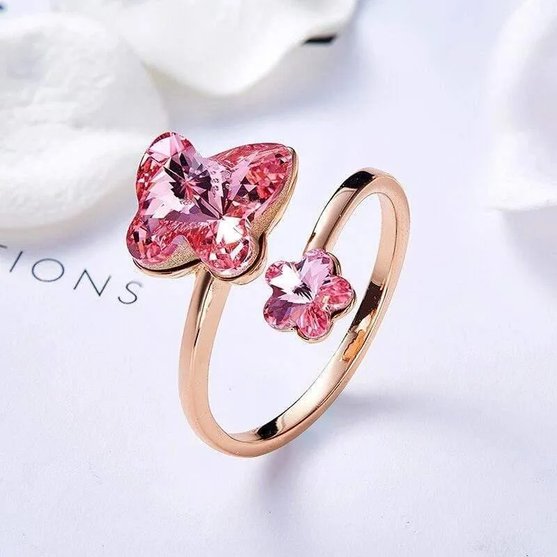 Goldringe, verziert mit Kristallen von Swarovski, verstellbarer Schmetterlingsring, Roségold-Einsatz, Schmuck, romantische Geschenke