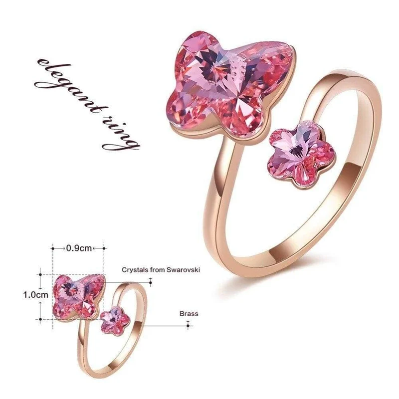 Goldringe, verziert mit Kristallen von Swarovski, verstellbarer Schmetterlingsring, Roségold-Einsatz, Schmuck, romantische Geschenke