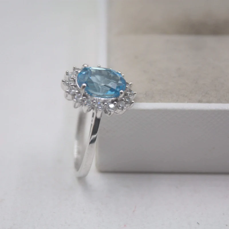 925 Sterling Silber Ring für Damen, 14 mm Topas, runder Glanz, Zirkonia-Ring, eleganter Schönheits-Zirkon-Ring, US 6–7