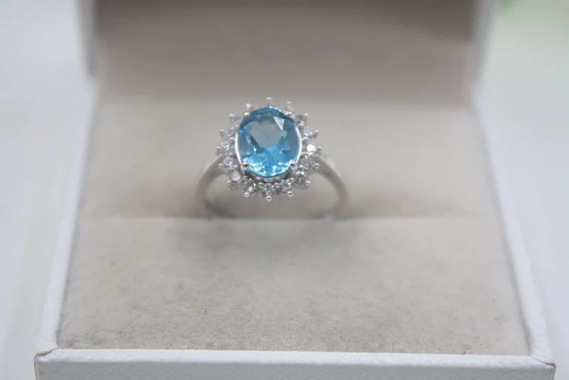925 Sterling Silber Ring für Damen, 14 mm Topas, runder Glanz, Zirkonia-Ring, eleganter Schönheits-Zirkon-Ring, US 6–7