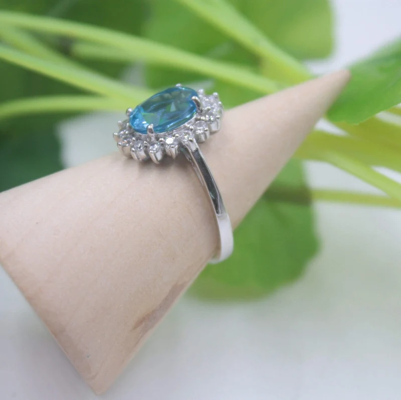 925 Sterling Silber Ring für Damen, 14 mm Topas, runder Glanz, Zirkonia-Ring, eleganter Schönheits-Zirkon-Ring, US 6–7