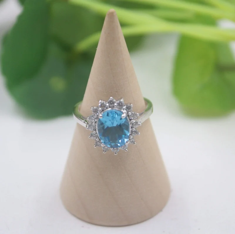 925 Sterling Silber Ring für Damen, 14 mm Topas, runder Glanz, Zirkonia-Ring, eleganter Schönheits-Zirkon-Ring, US 6–7