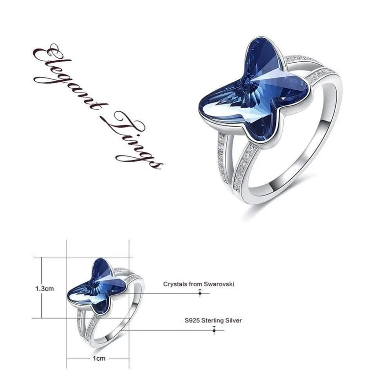 Ring aus 925er-Silber, verziert mit Kristallen von Swarovski. Damenringe, modischer Schmetterlings-Schmuckring, edler Schmuck, Charm-Geschenke