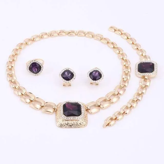 Schmucksets für Frauen, Kleid-Accessoires, goldfarben, Kristall, Hochzeit, Braut, Halskette, Ohrringe, Armband, Ring-Sets
