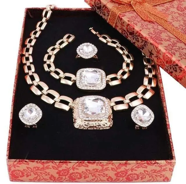 Schmucksets für Frauen, Kleid-Accessoires, goldfarben, Kristall, Hochzeit, Braut, Halskette, Ohrringe, Armband, Ring-Sets