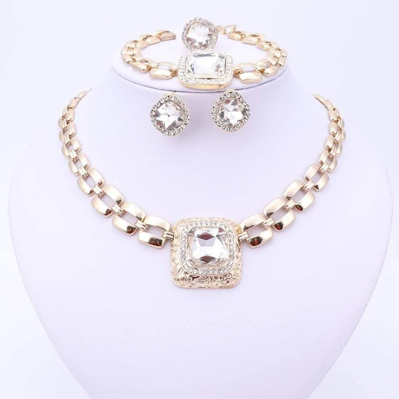 Schmucksets für Frauen, Kleid-Accessoires, goldfarben, Kristall, Hochzeit, Braut, Halskette, Ohrringe, Armband, Ring-Sets