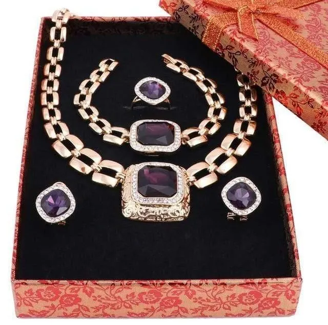 Schmucksets für Frauen, Kleid-Accessoires, goldfarben, Kristall, Hochzeit, Braut, Halskette, Ohrringe, Armband, Ring-Sets