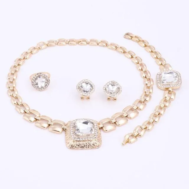 Schmucksets für Frauen, Kleid-Accessoires, goldfarben, Kristall, Hochzeit, Braut, Halskette, Ohrringe, Armband, Ring-Sets