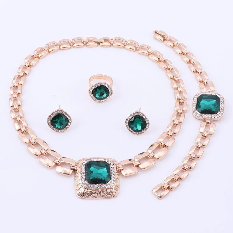 Schmucksets für Frauen, Kleid-Accessoires, goldfarben, Kristall, Hochzeit, Braut, Halskette, Ohrringe, Armband, Ring-Sets