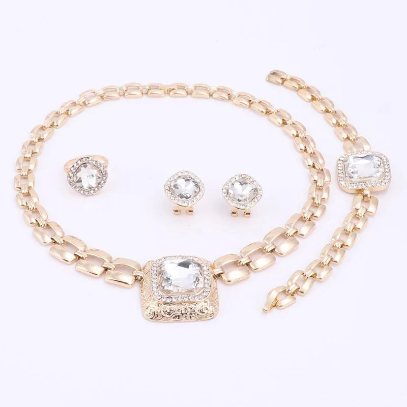 Schmucksets für Frauen, Kleid-Accessoires, goldfarben, Kristall, Hochzeit, Braut, Halskette, Ohrringe, Armband, Ring-Sets