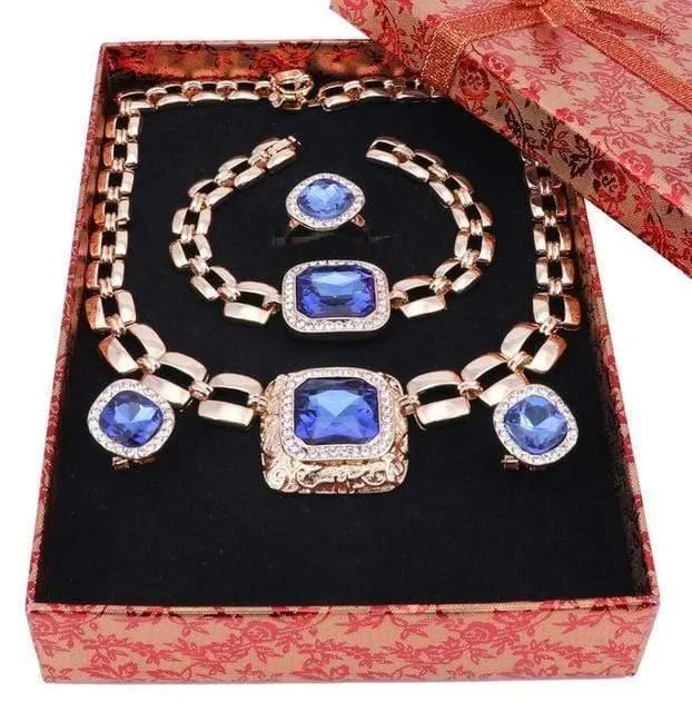 Schmucksets für Frauen, Kleid-Accessoires, goldfarben, Kristall, Hochzeit, Braut, Halskette, Ohrringe, Armband, Ring-Sets