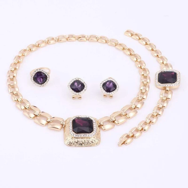 Schmucksets für Frauen, Kleid-Accessoires, goldfarben, Kristall, Hochzeit, Braut, Halskette, Ohrringe, Armband, Ring-Sets