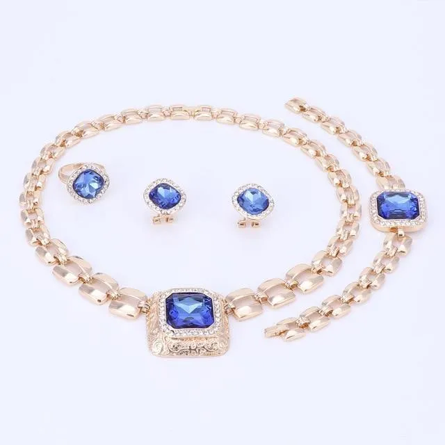 Schmucksets für Frauen, Kleid-Accessoires, goldfarben, Kristall, Hochzeit, Braut, Halskette, Ohrringe, Armband, Ring-Sets
