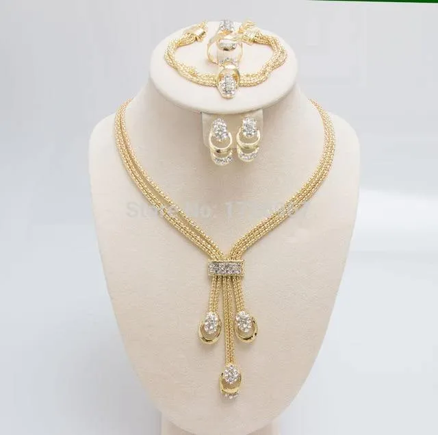 Fashion Trendy Jewelry Set Für Frauen Gold / Silber Überzogene Perlen Kragen Halskette Ohrringe Armband Ringe Sets