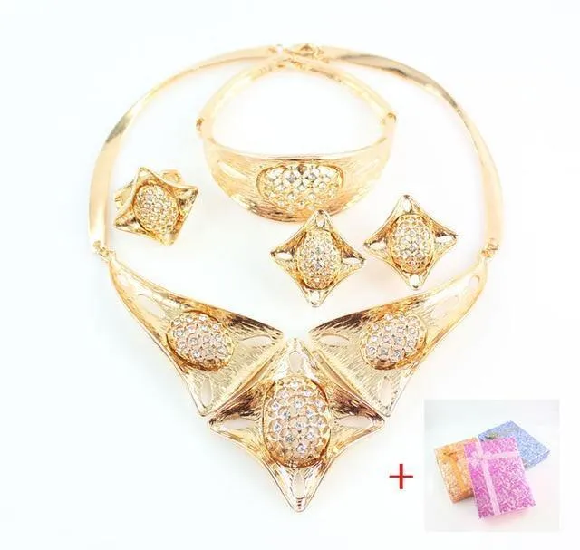 Kristall-Strass-Perlen-Schmuckset für Party, Hochzeit, Brautkostüm, goldfarben, afrikanisches Schmuckset