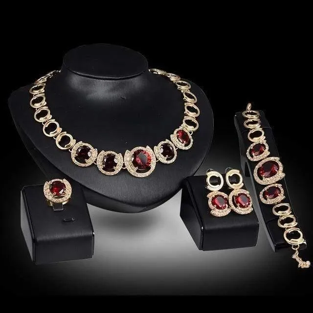 Hochzeit Braut Zubehör Gold Farbe Kristall Grün Rot Zirkon Anhänger Halskette Ohrringe Ring Frauen Hochzeit Brautschmuck Sets