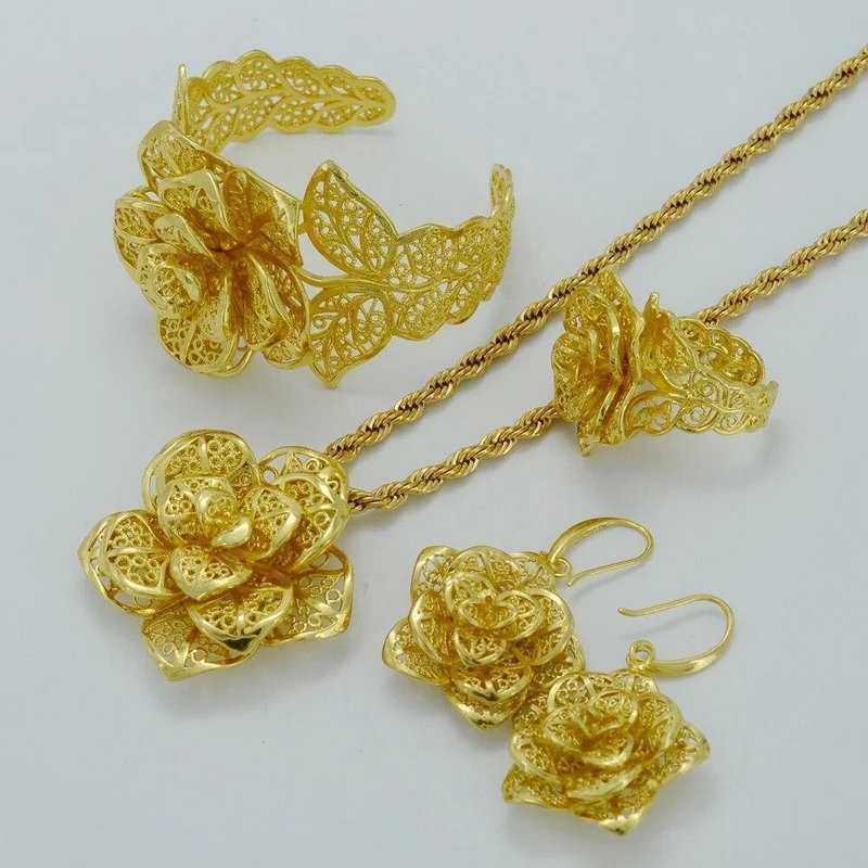 Schmucksets Goldfarbe Braut Hochzeitssets Halskette Ohrringe Armreif Ring Äthiopisch / Afrika / Arabien Artikel #020906