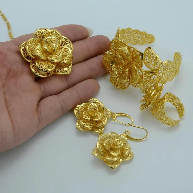 Schmucksets Goldfarbe Braut Hochzeitssets Halskette Ohrringe Armreif Ring Äthiopisch / Afrika / Arabien Artikel #020906