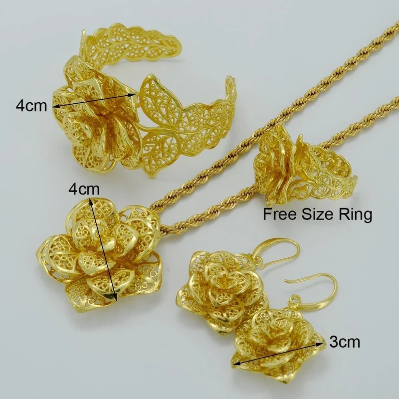 Schmucksets Goldfarbe Braut Hochzeitssets Halskette Ohrringe Armreif Ring Äthiopisch / Afrika / Arabien Artikel #020906