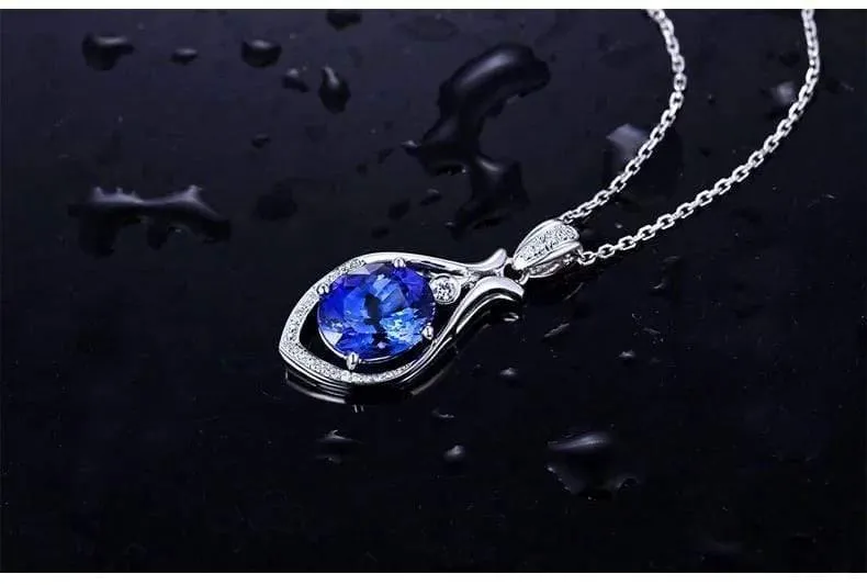 18 kt/750 Weißgold 3.09 ct natürlicher blauer Tansanit AAA 0.13 ct Vollschliff Diamant Verlobung Edelstein Anhänger Schmuck