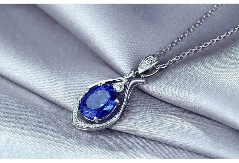 18 kt/750 Weißgold 3.09 ct natürlicher blauer Tansanit AAA 0.13 ct Vollschliff Diamant Verlobung Edelstein Anhänger Schmuck