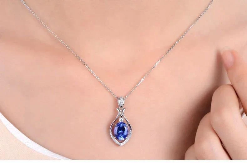 18 kt/750 Weißgold 3.09 ct natürlicher blauer Tansanit AAA 0.13 ct Vollschliff Diamant Verlobung Edelstein Anhänger Schmuck