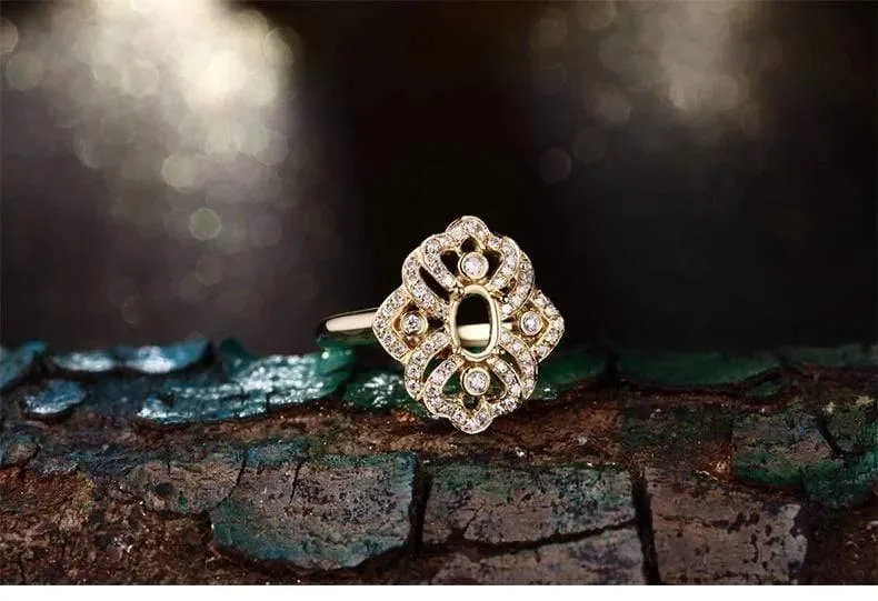 Oval geschliffene, halbgefasste Ringfassungen und 0.26 ct Diamant-Edelstein-Verlobungsring aus 18 Karat Gelbgold, edler Schmuck