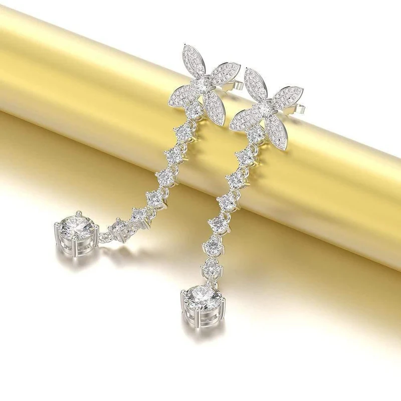 925 Sterling Silber Weißer Saphir Edelstein Tropfen Baumelnde Diamanten Schleife Ohrringe Feiner Schmuck Geschenk Großhandel