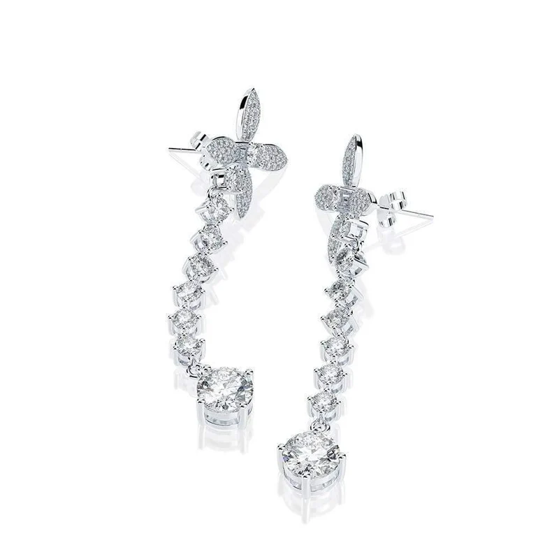 925 Sterling Silber Weißer Saphir Edelstein Tropfen Baumelnde Diamanten Schleife Ohrringe Feiner Schmuck Geschenk Großhandel