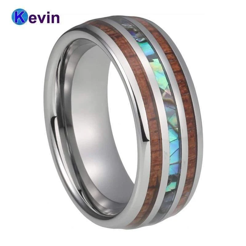 Eheringe aus Wolfram, Breite 8 mm, Einlage aus Abalone-Muschel und Koa-Holz, gewölbte Form, poliert, glänzend, bequeme Passform