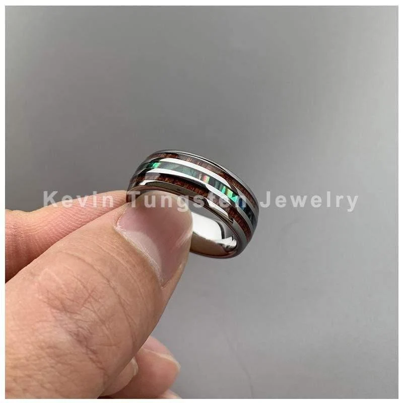 Eheringe aus Wolfram, Breite 8 mm, Einlage aus Abalone-Muschel und Koa-Holz, gewölbte Form, poliert, glänzend, bequeme Passform
