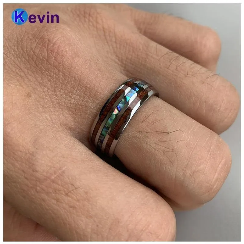 Eheringe aus Wolfram, Breite 8 mm, Einlage aus Abalone-Muschel und Koa-Holz, gewölbte Form, poliert, glänzend, bequeme Passform