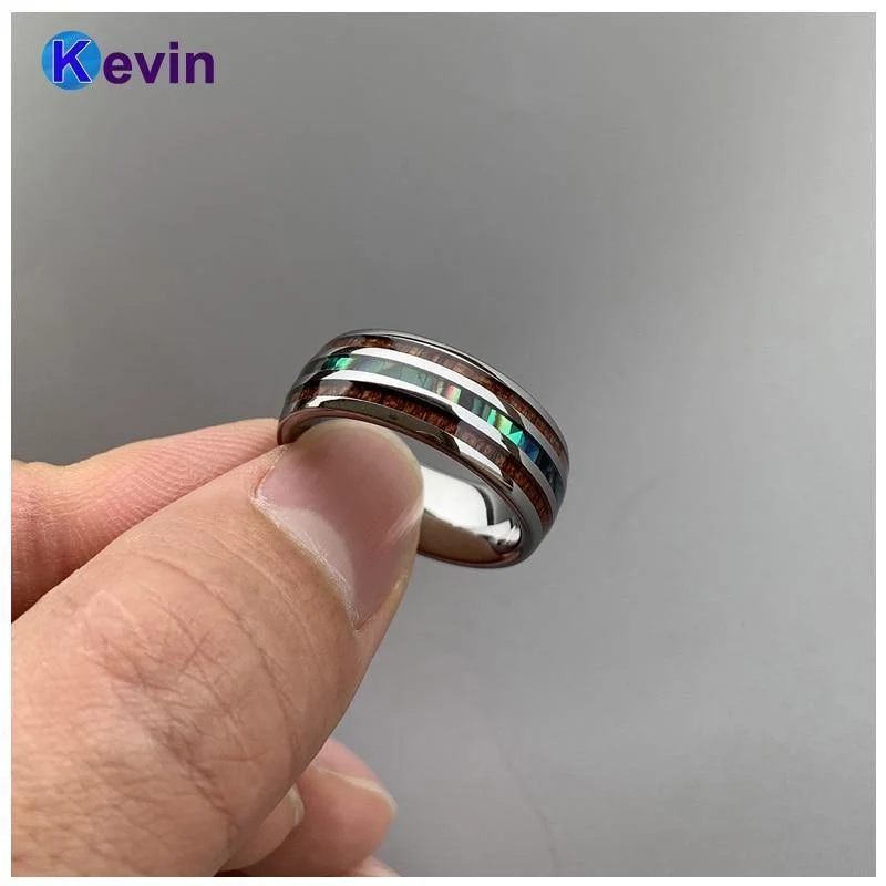 Eheringe aus Wolfram, Breite 8 mm, Einlage aus Abalone-Muschel und Koa-Holz, gewölbte Form, poliert, glänzend, bequeme Passform