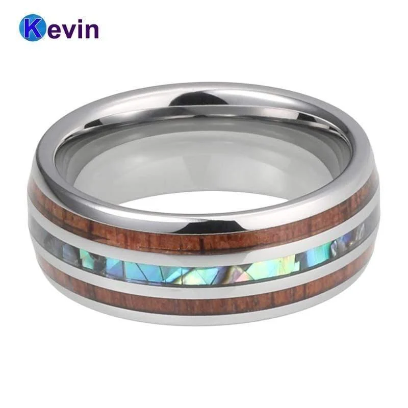 Eheringe aus Wolfram, Breite 8 mm, Einlage aus Abalone-Muschel und Koa-Holz, gewölbte Form, poliert, glänzend, bequeme Passform