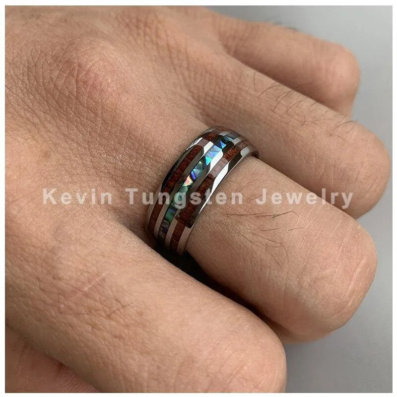 Eheringe aus Wolfram, Breite 8 mm, Einlage aus Abalone-Muschel und Koa-Holz, gewölbte Form, poliert, glänzend, bequeme Passform