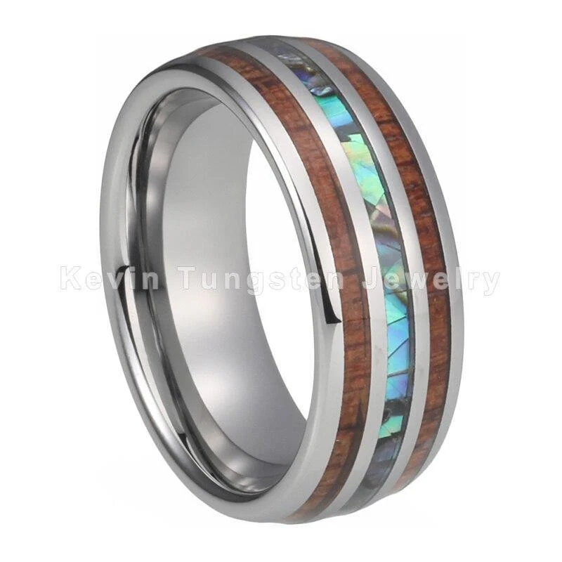 Eheringe aus Wolfram, Breite 8 mm, Einlage aus Abalone-Muschel und Koa-Holz, gewölbte Form, poliert, glänzend, bequeme Passform