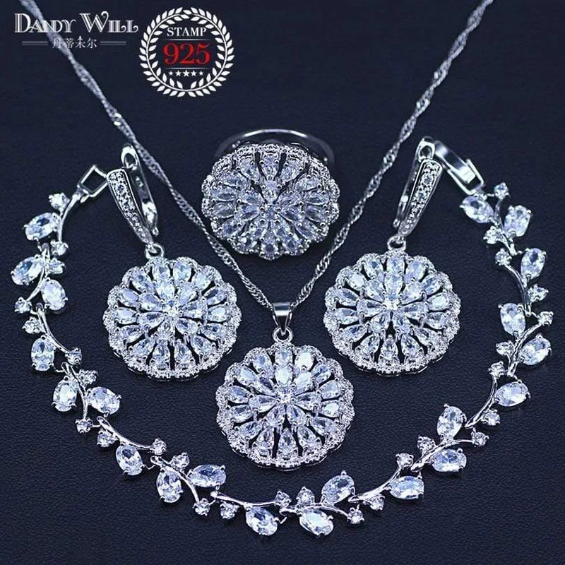 Frauen Weiß Zirkon Silber 925 Schmuck Sets Armbänder Anhänger Halskette Ringe Ohrringe Mit Steinen Set Schmuck