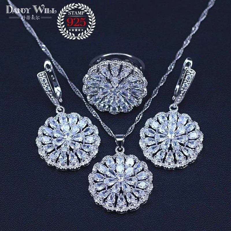 Frauen Weiß Zirkon Silber 925 Schmuck Sets Armbänder Anhänger Halskette Ringe Ohrringe Mit Steinen Set Schmuck