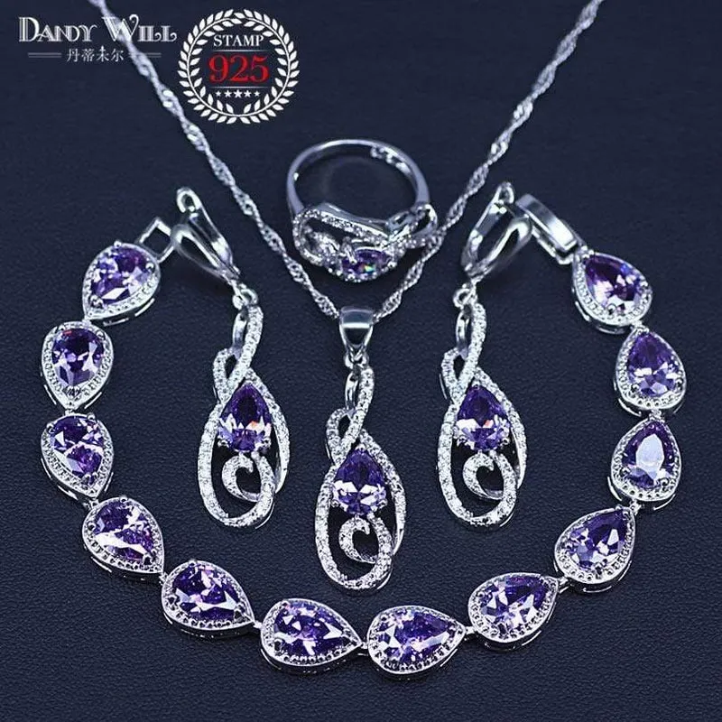Frauen Weiß Zirkon Silber 925 Schmuck Sets Armbänder Anhänger Halskette Ringe Ohrringe Mit Steinen Set Schmuck