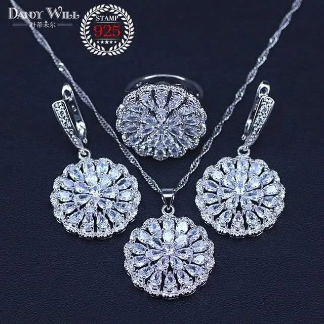Frauen Weiß Zirkon Silber 925 Schmuck Sets Armbänder Anhänger Halskette Ringe Ohrringe Mit Steinen Set Schmuck