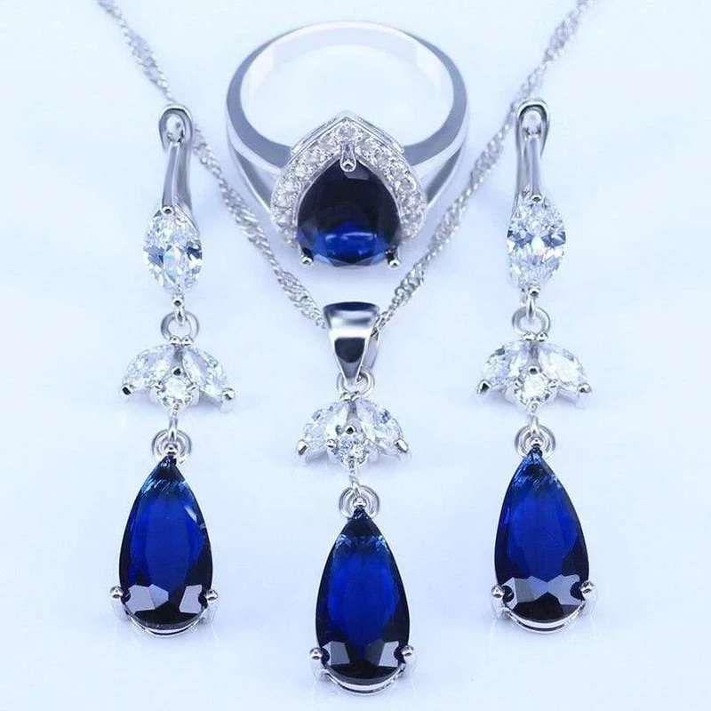 Blauer Zirkonia, weiße CZ, 925er Silber, Schmucksets für Damen, Ohrringe/Anhänger/Halskette/Ringe